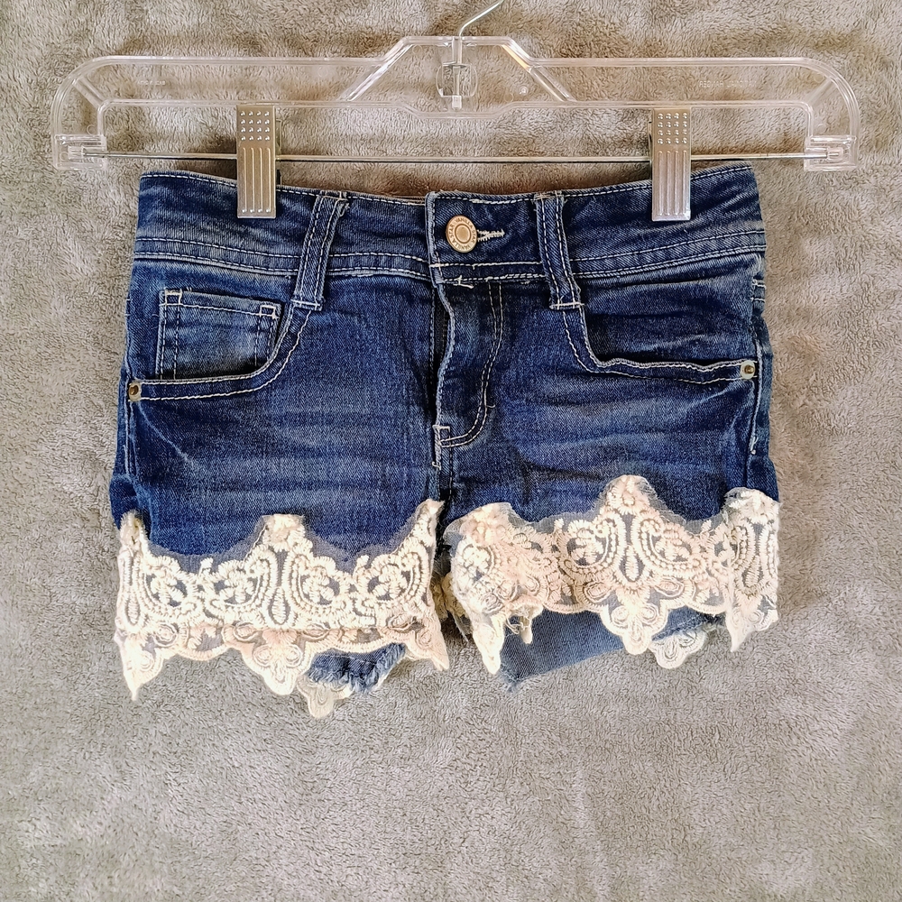 Dark Blue Denim Girls Shorts with Cream Lace Trim